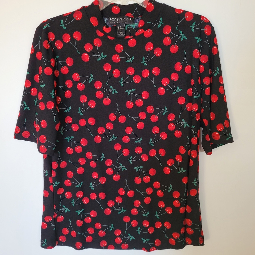 FOREVER 21+ Short Sleeve Shirt 2X Black Red Cherry Whimsy Pin Up